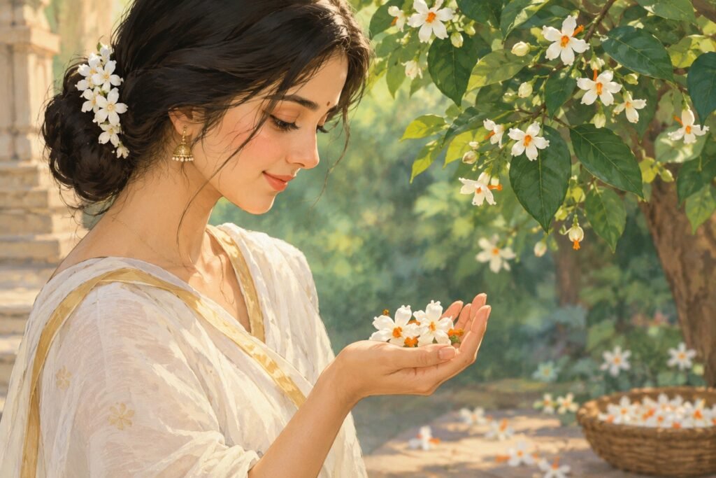 Girl holding Parijat Flower in her hands in a peaceful garden