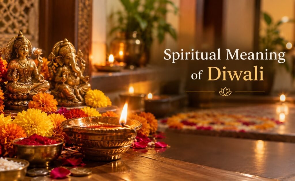Spiritual Significance of Diwali: Traditional Diwali altar with diyas, flowers and worship items symbolising light and positivity.